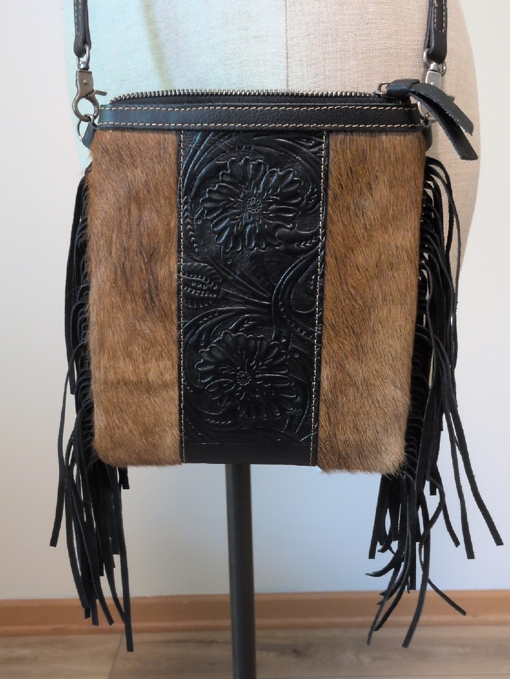 Fringed Brown Haircalf and Black Tooled Leather Crossbody Bag